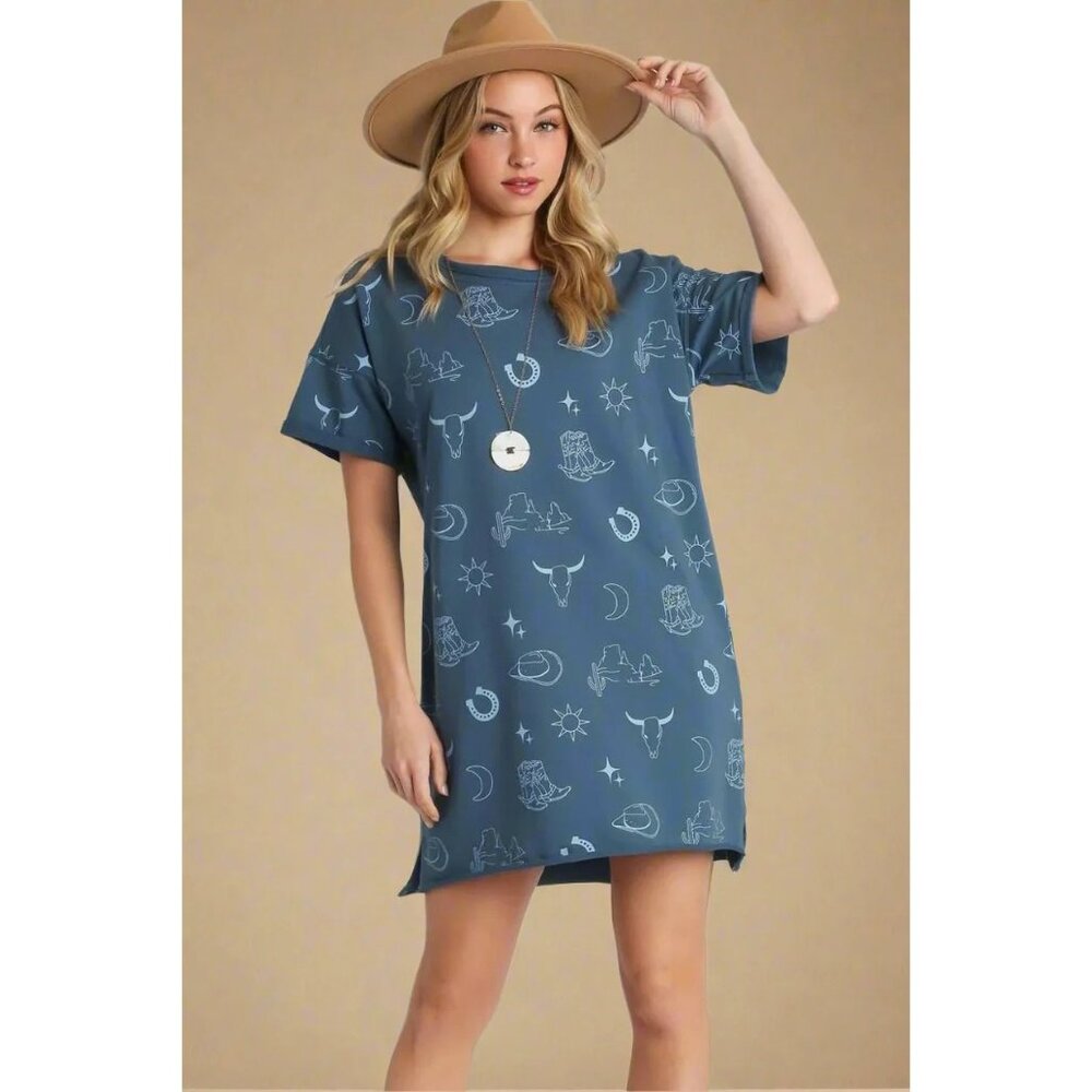 Umgee Women's Western Cowboy Print Mini Dress Size Large Blue Short Sleeve